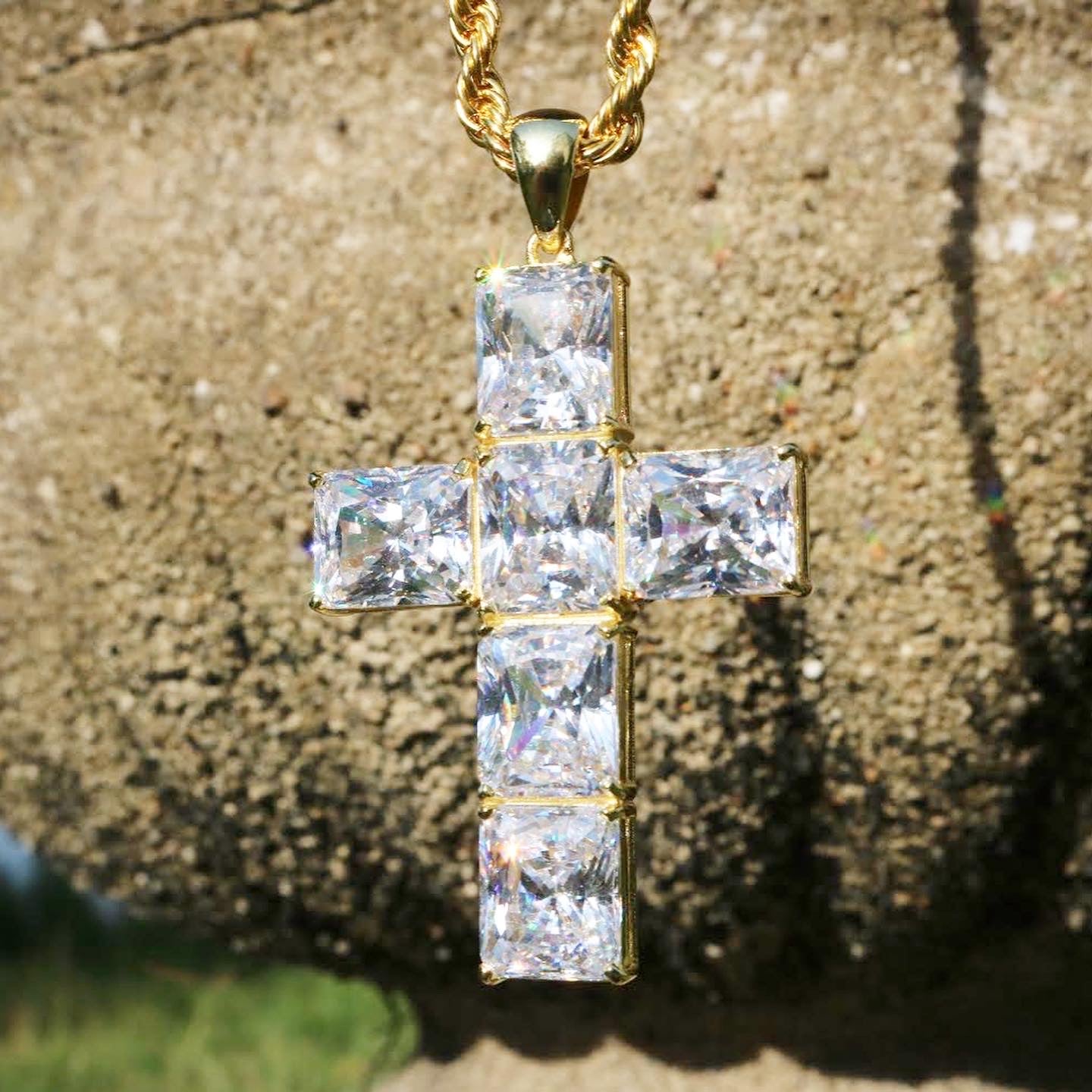 CZ Large Mens Cross Charm Necklace in Sterling Silver