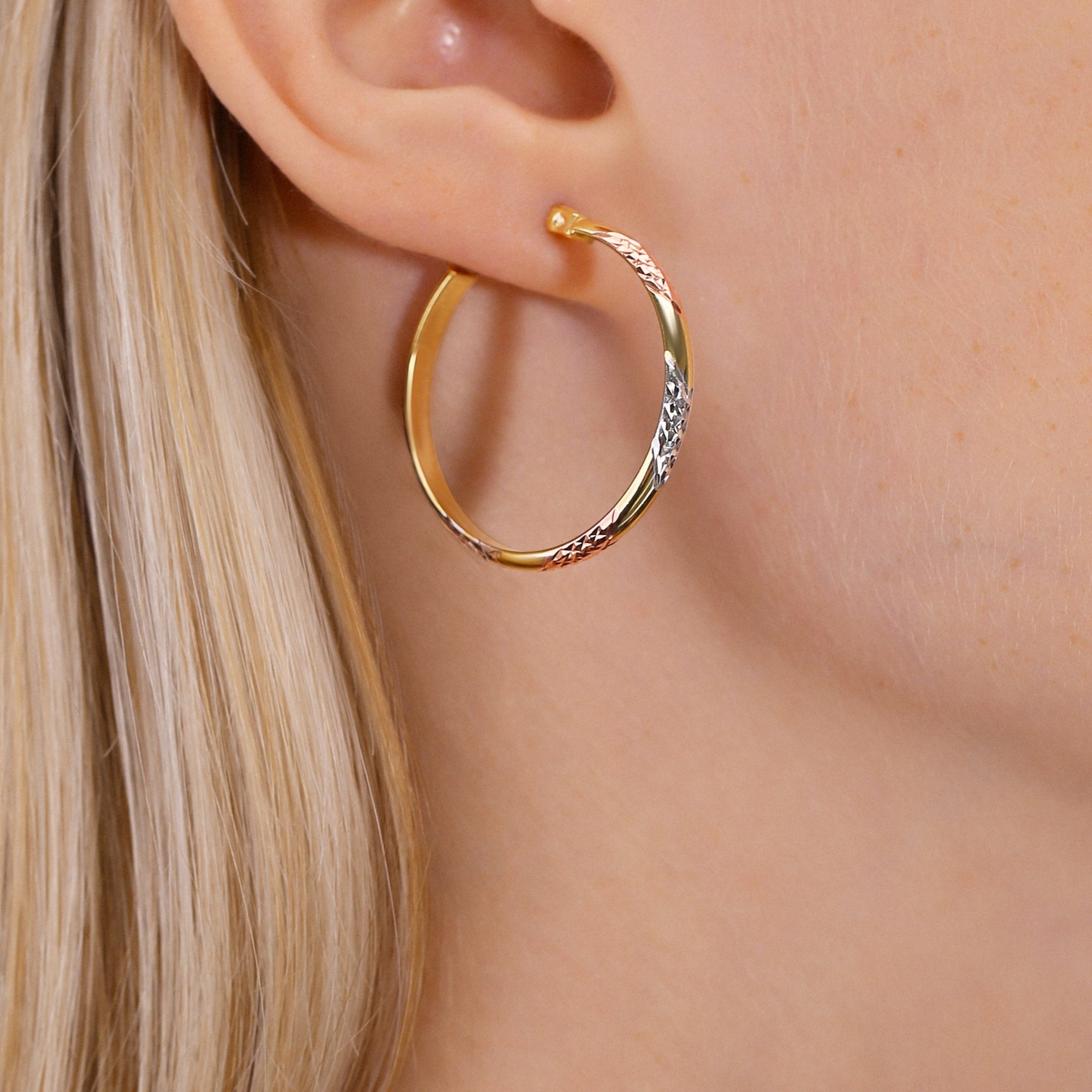 Tricolor and Diamond-cut Round Hoops in Sterling Silver