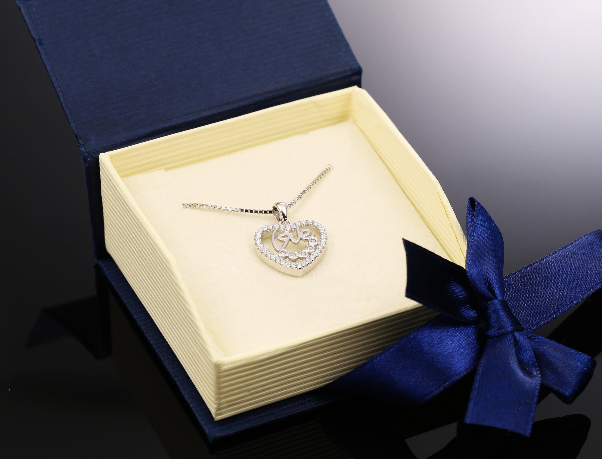 CZ Heart and Love Charm Necklace in Sterling Silver