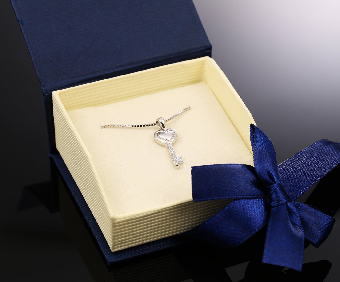 Sterling Silver Heart and Key Charm Necklace