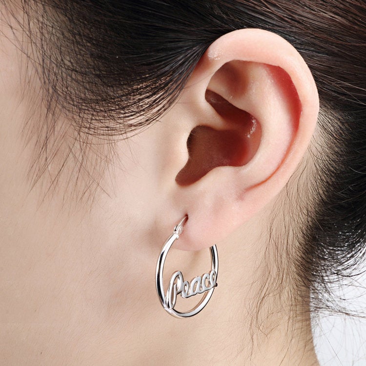 Sterling Silver PEACE Hoop Earrings, 1 inch