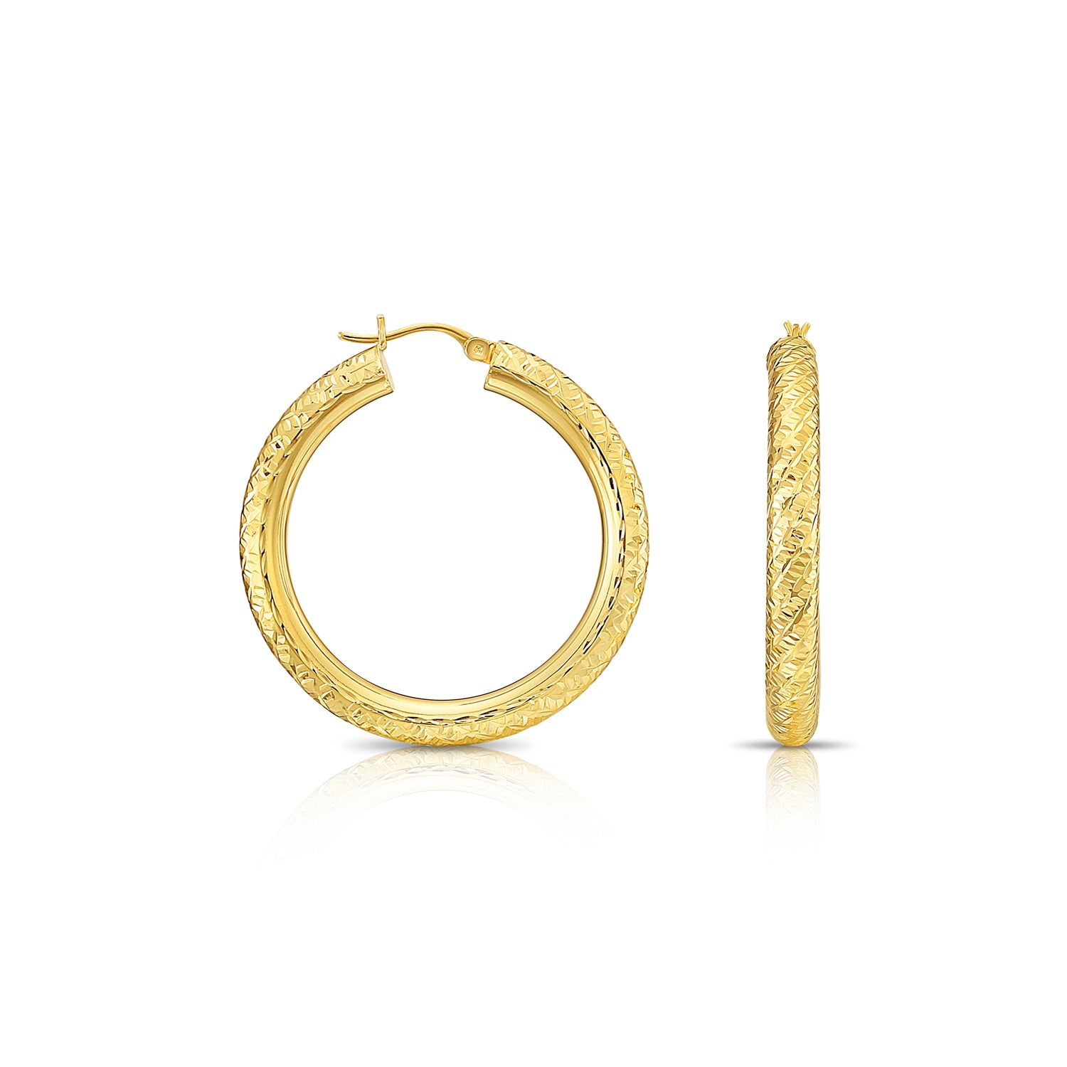 14k Yellow Gold Tornado Diamond Cut Hoop Earrings, 5mm Thin