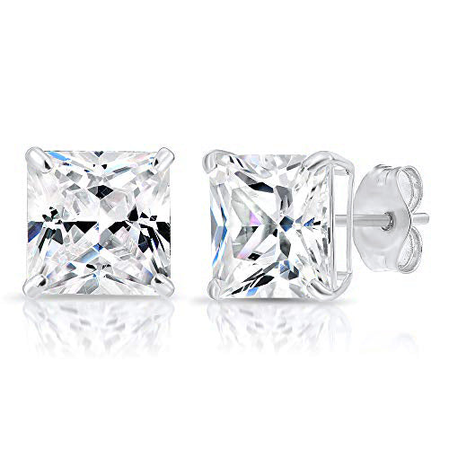 14k White Gold Square Zirconia Stud Earrings with Butterfly Pushbacks, Unisex