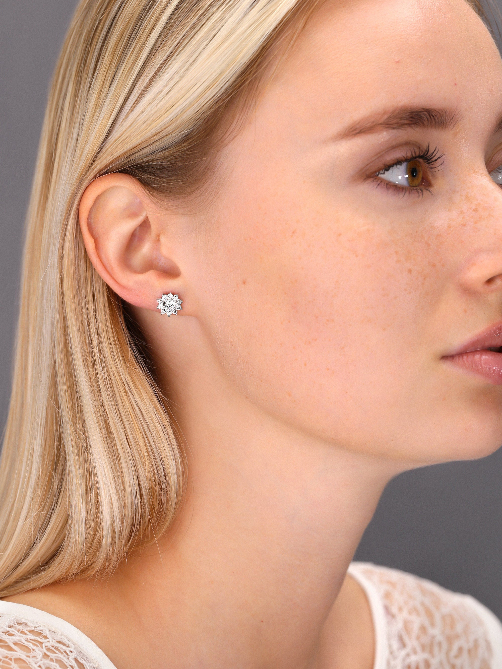 CZ Sunflower Halo Stud Earrings in Sterling Silver