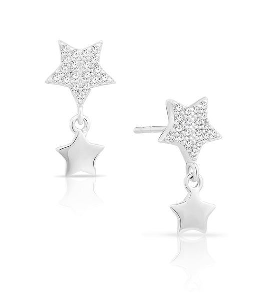 Sterling Silver Double Star Dangle Stud Earrings