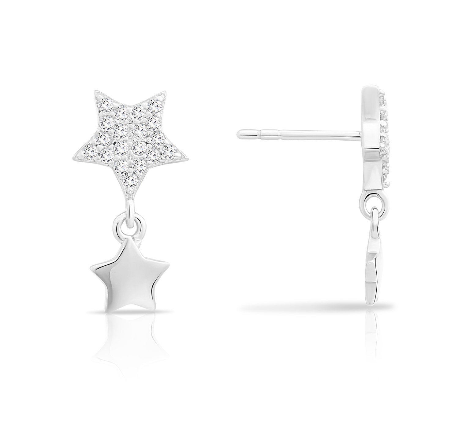 CZ Double Star Dangle Stud Earrings in Sterling Silver