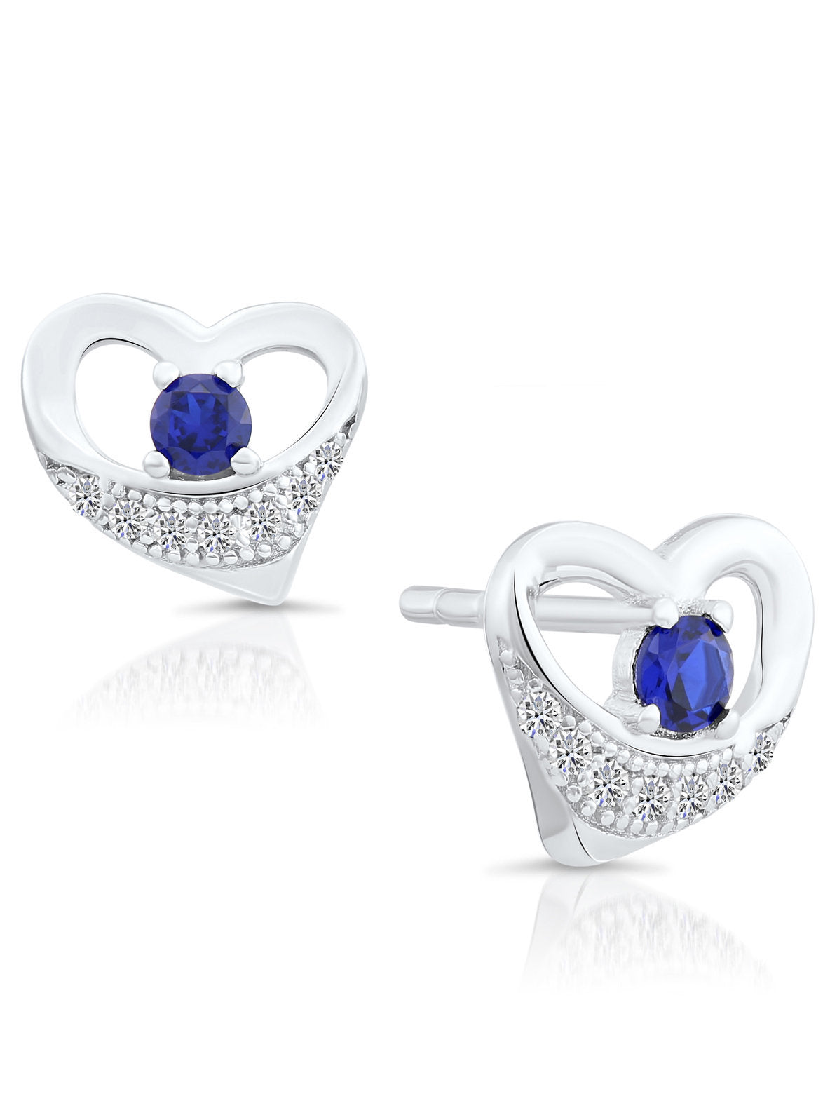 CZ Heart Stud Earrings with Blue Stone in Sterling Silver