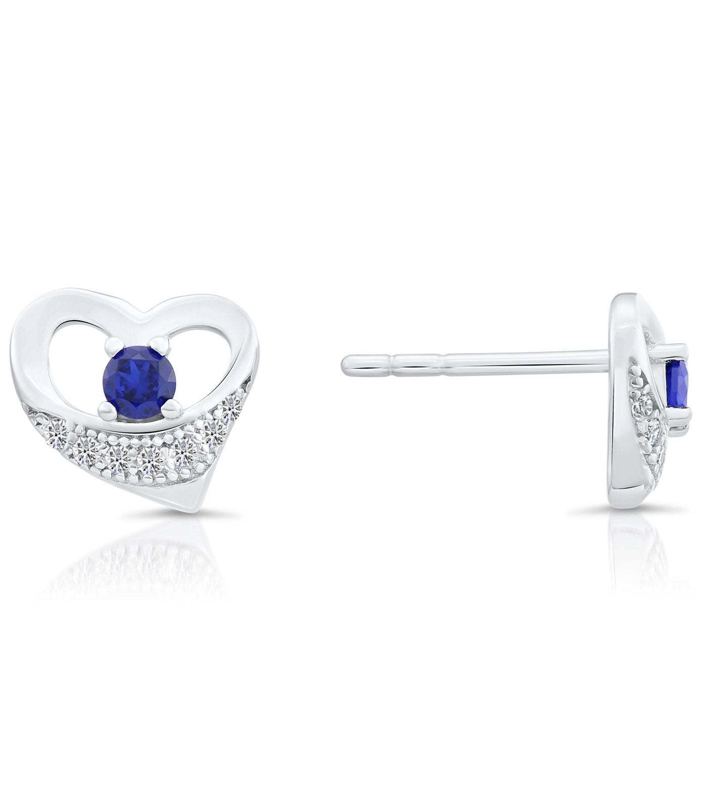 CZ Heart Stud Earrings with Blue Stone in Sterling Silver