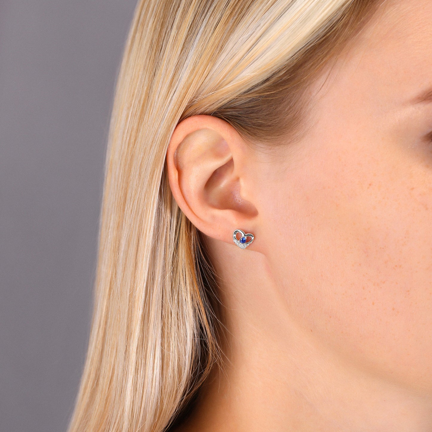 Sterling Silver Heart Stud Earrings with Blue Stone