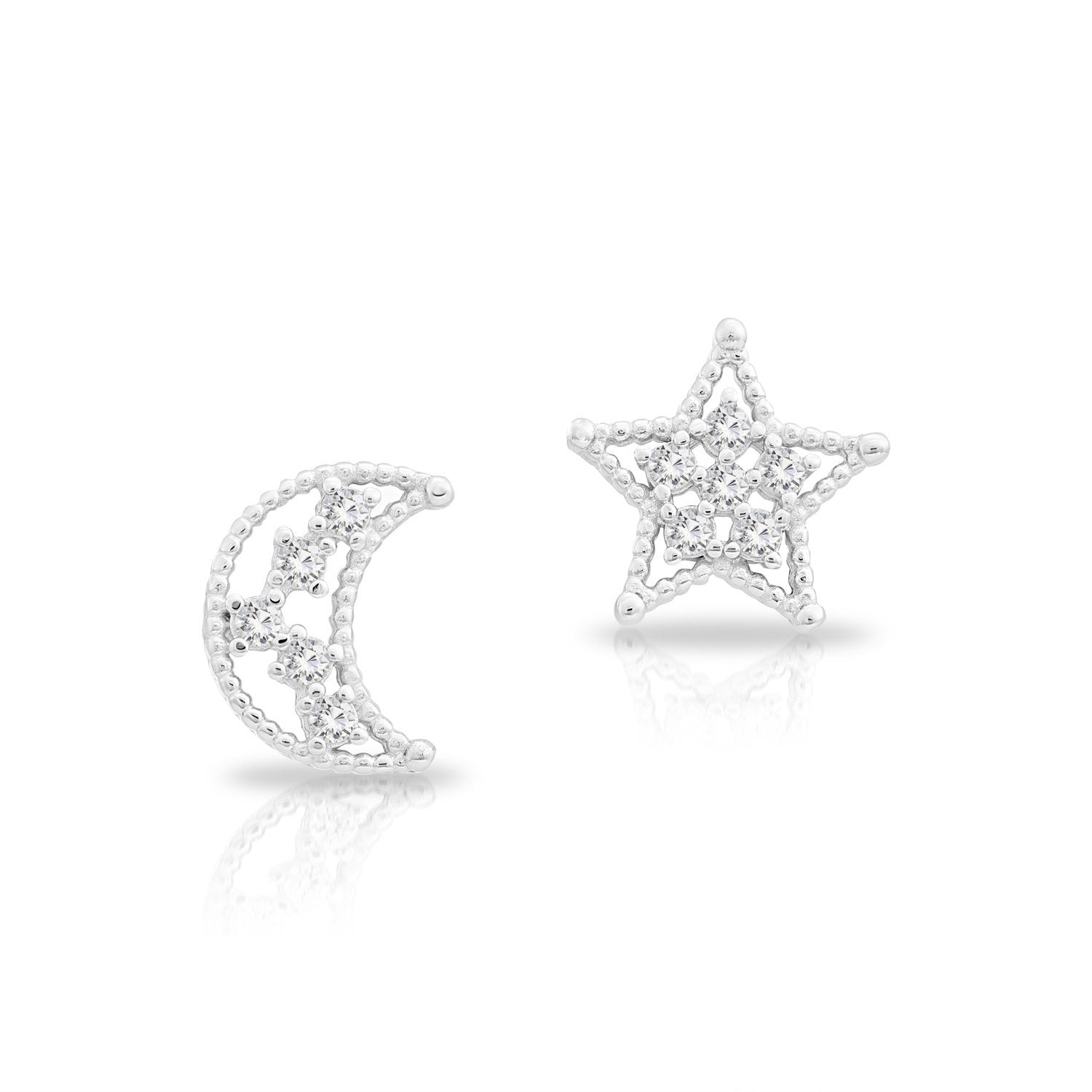 CZ Star and Moon Stud Earrings in Sterling Silver
