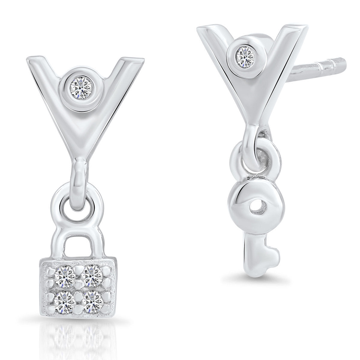 CZ Lock And Key Dangle Stud Earrings in Sterling Silver