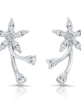CZ Daisy Flower Stud Earrings, Two Leaf in Sterling Silver
