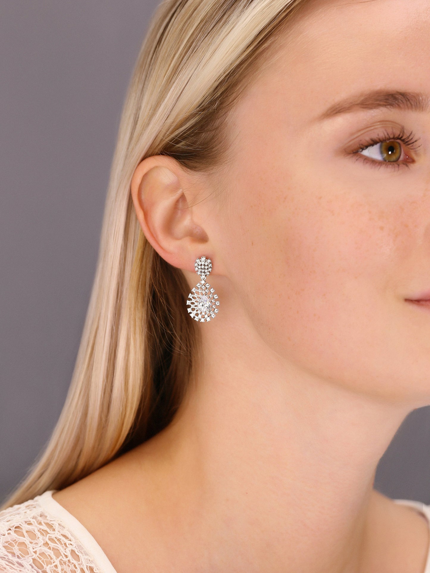 Sterling Silver Royal Teardrop Stud Earrings, Dangle Bridal Jewelry, Boho