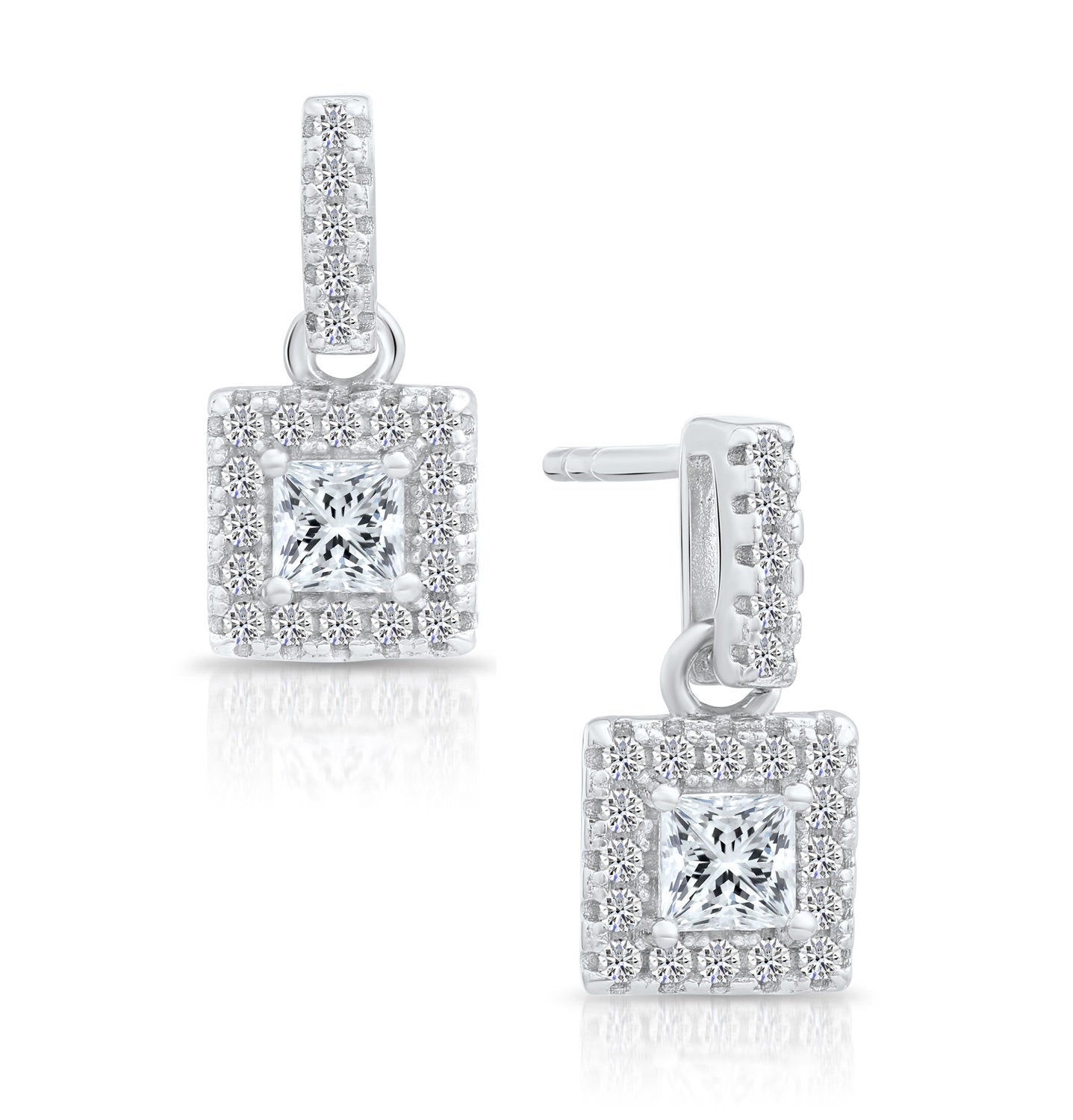 CZ Square Princess Dangle Stud Earrings in Sterling Silver