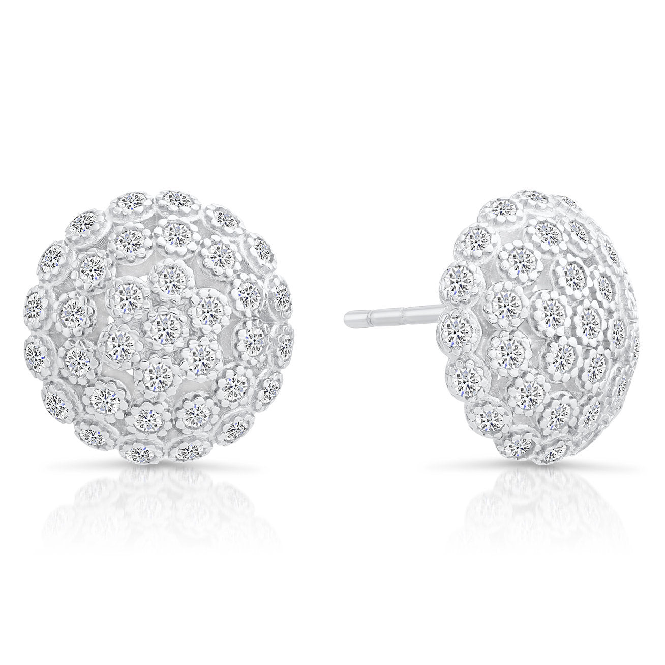 CZ Large Flower Round Stud Earrings in Sterling Silver