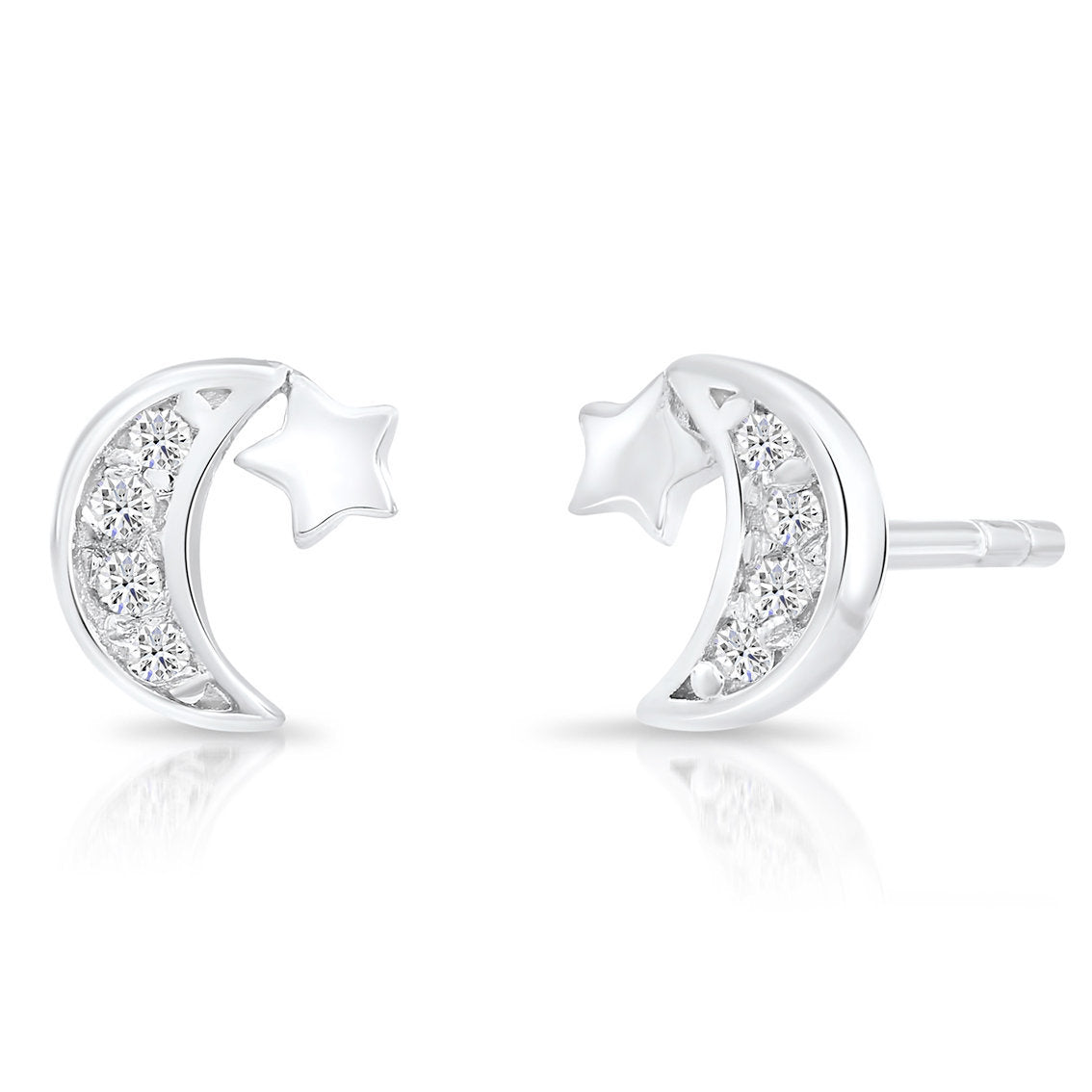 CZ Tiny Moon with Star Stud Earrings in Sterling Silver