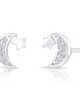Sterling Silver Tiny Moon with Star Stud Earrings