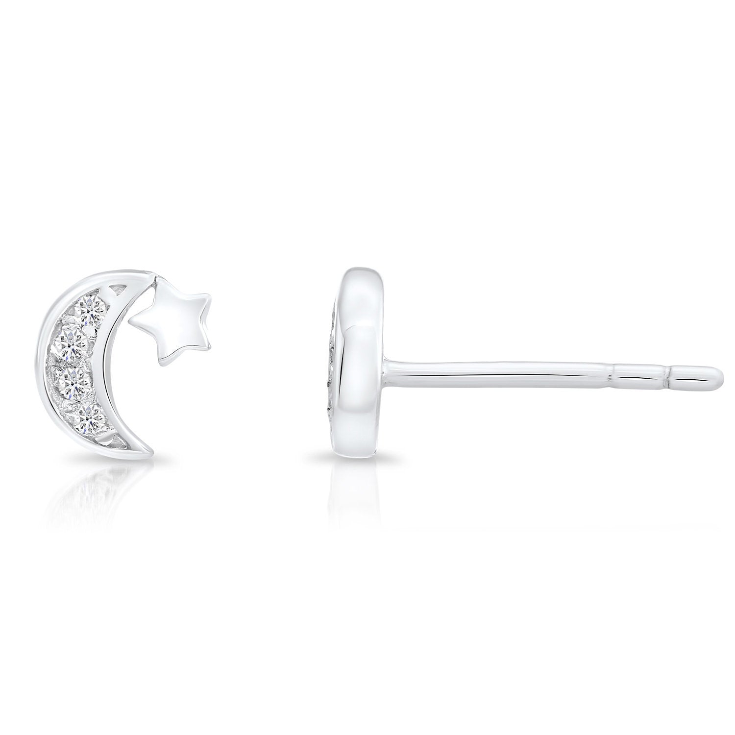 CZ Tiny Moon with Star Stud Earrings in Sterling Silver