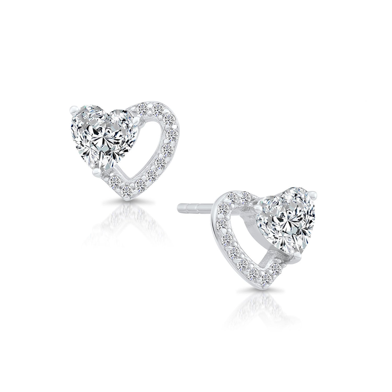 CZ Double Heart Stud Earrings in Sterling Silver