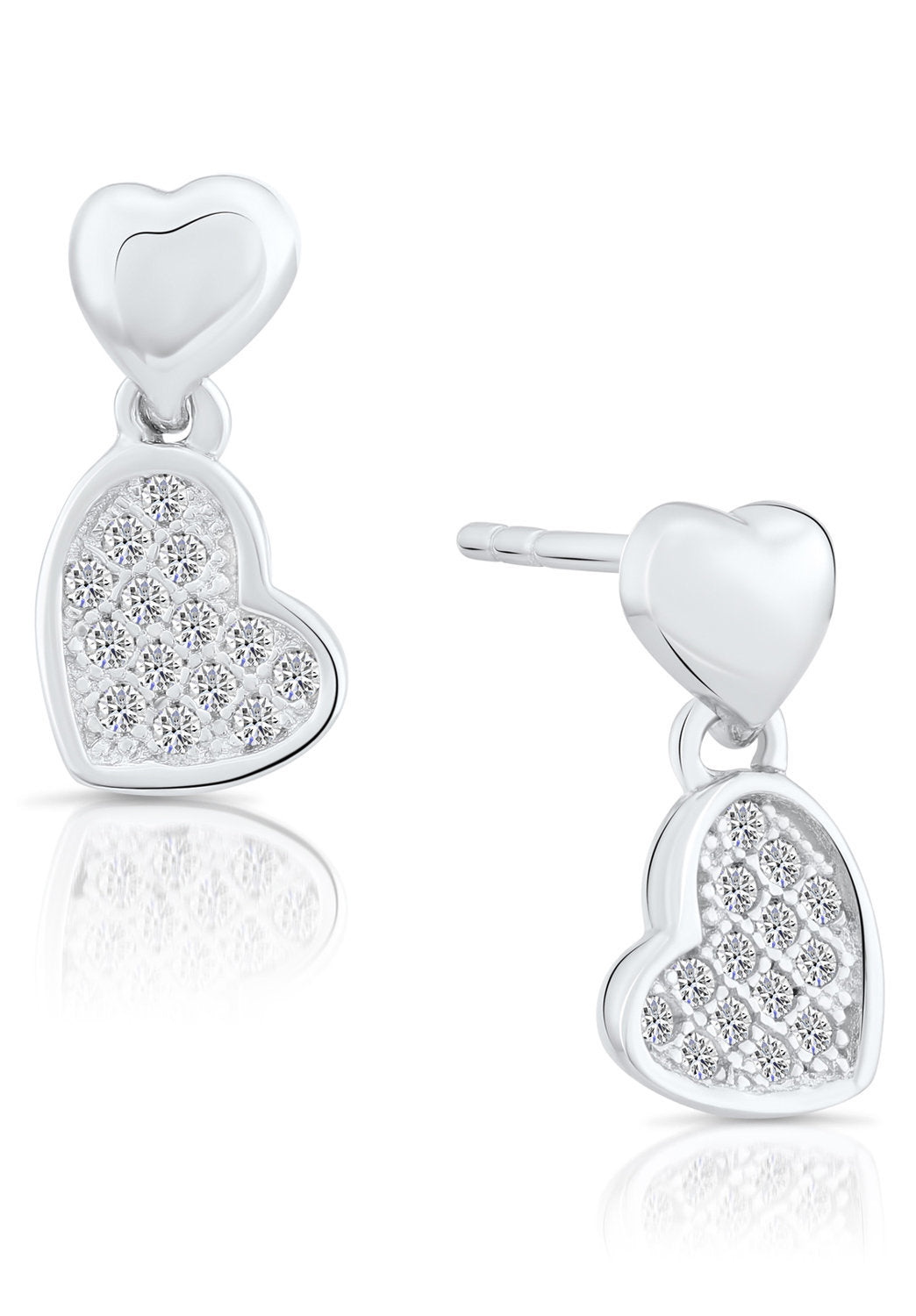 Sterling Silver Double Heart Dangle Stud Earrings