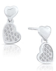 CZ Double Heart Dangle Stud Earrings in Sterling Silver