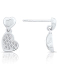 CZ Double Heart Dangle Stud Earrings in Sterling Silver