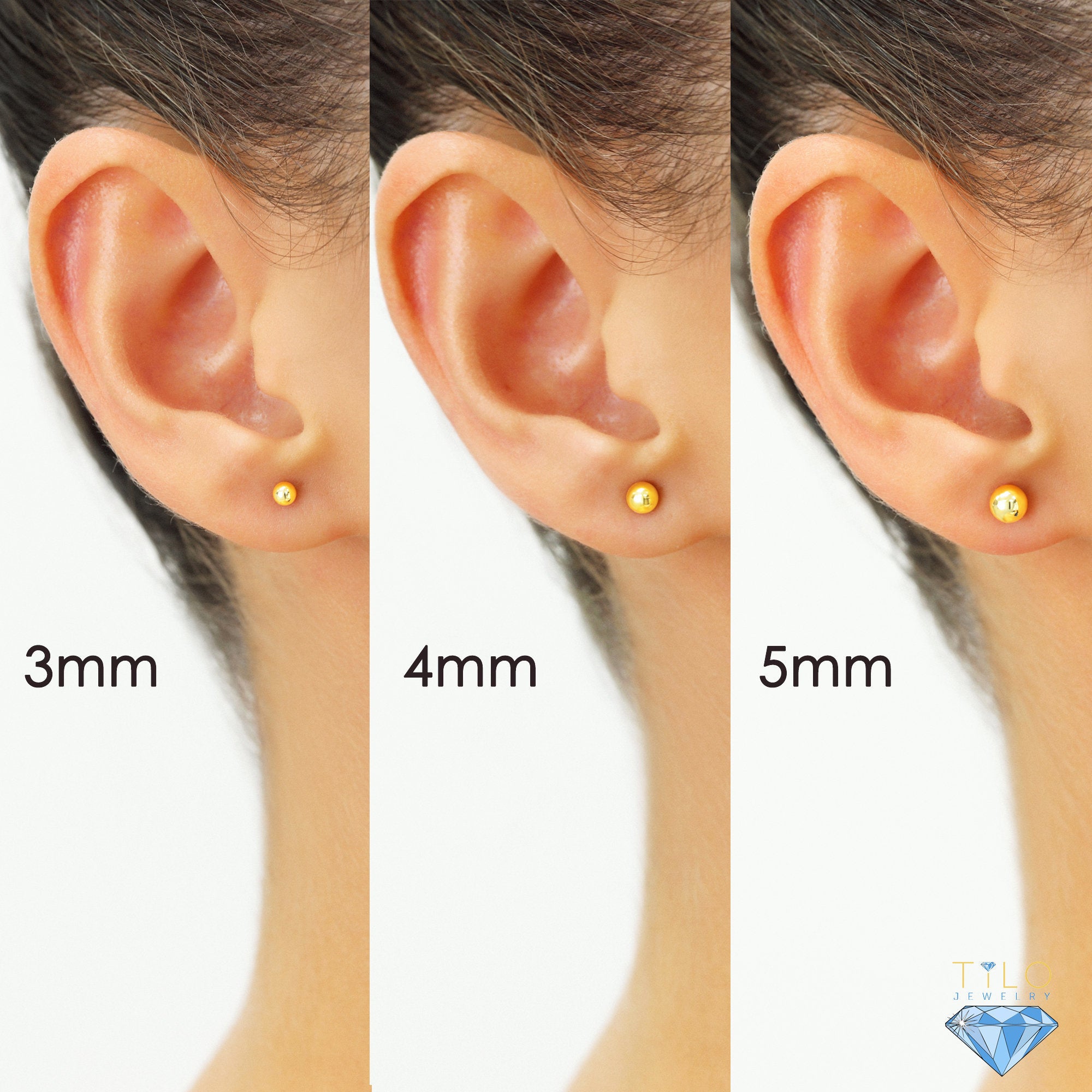 14K Solid Yellow Gold Screw Back Stud Earrings – Ball Style, 3-8mm – Lady & Children