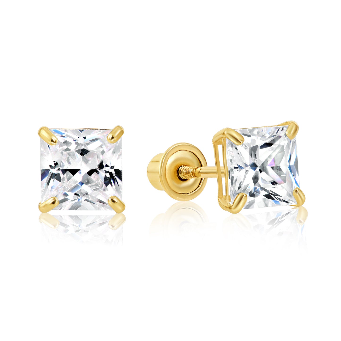 14k Yellow Gold Square Cz Stud Earrings, Screwback (Unisex)