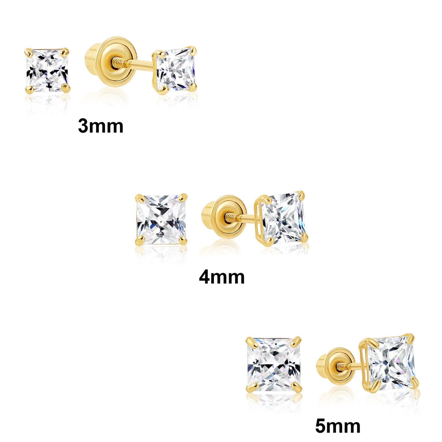 14k Yellow Gold Square Cz Stud Earrings, Screwback (Unisex)