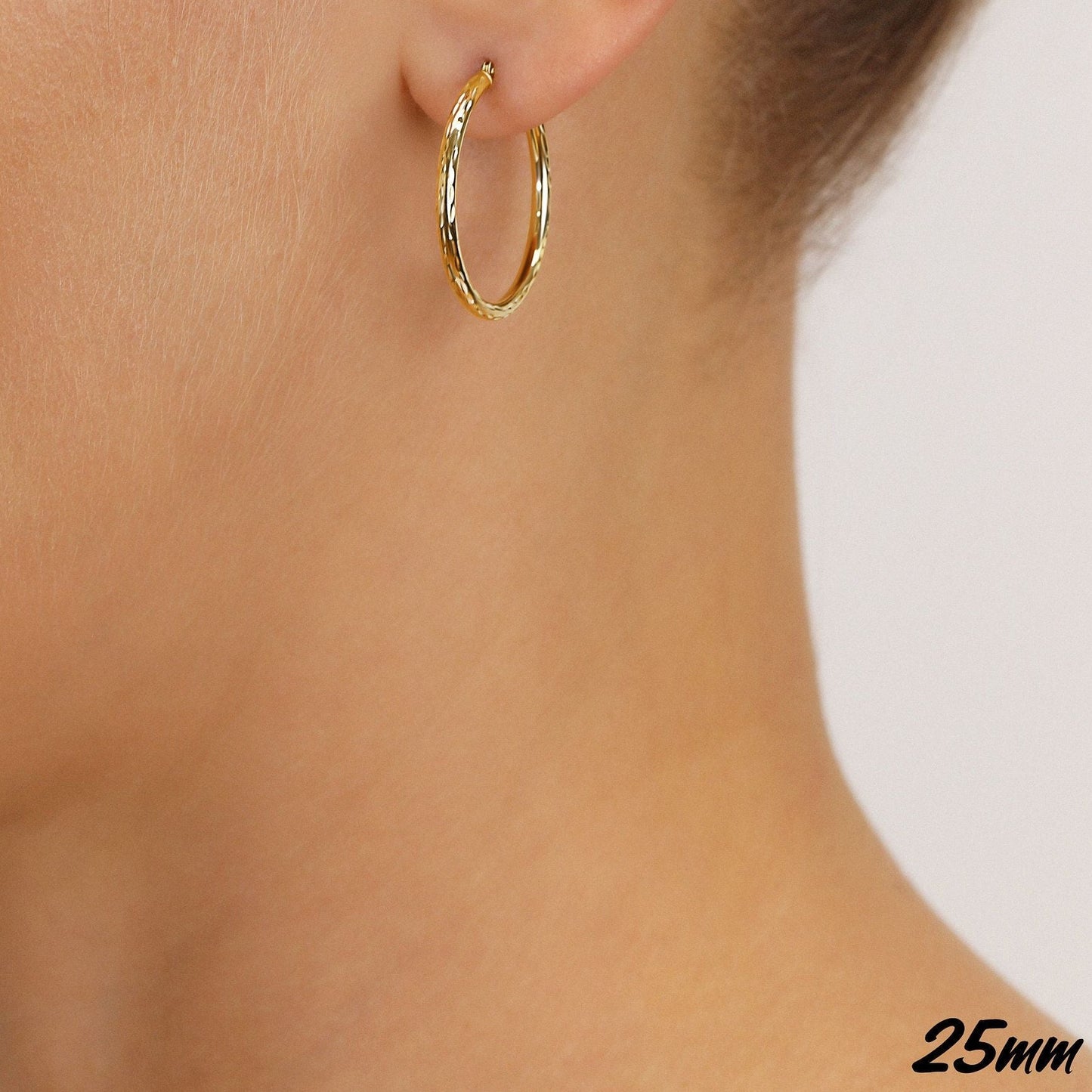 14k Yellow Gold All Around Diamond Cut Hoop Earrings