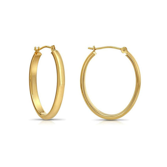 14k Gold Oval Hoop Earrings, New Half Round Tube