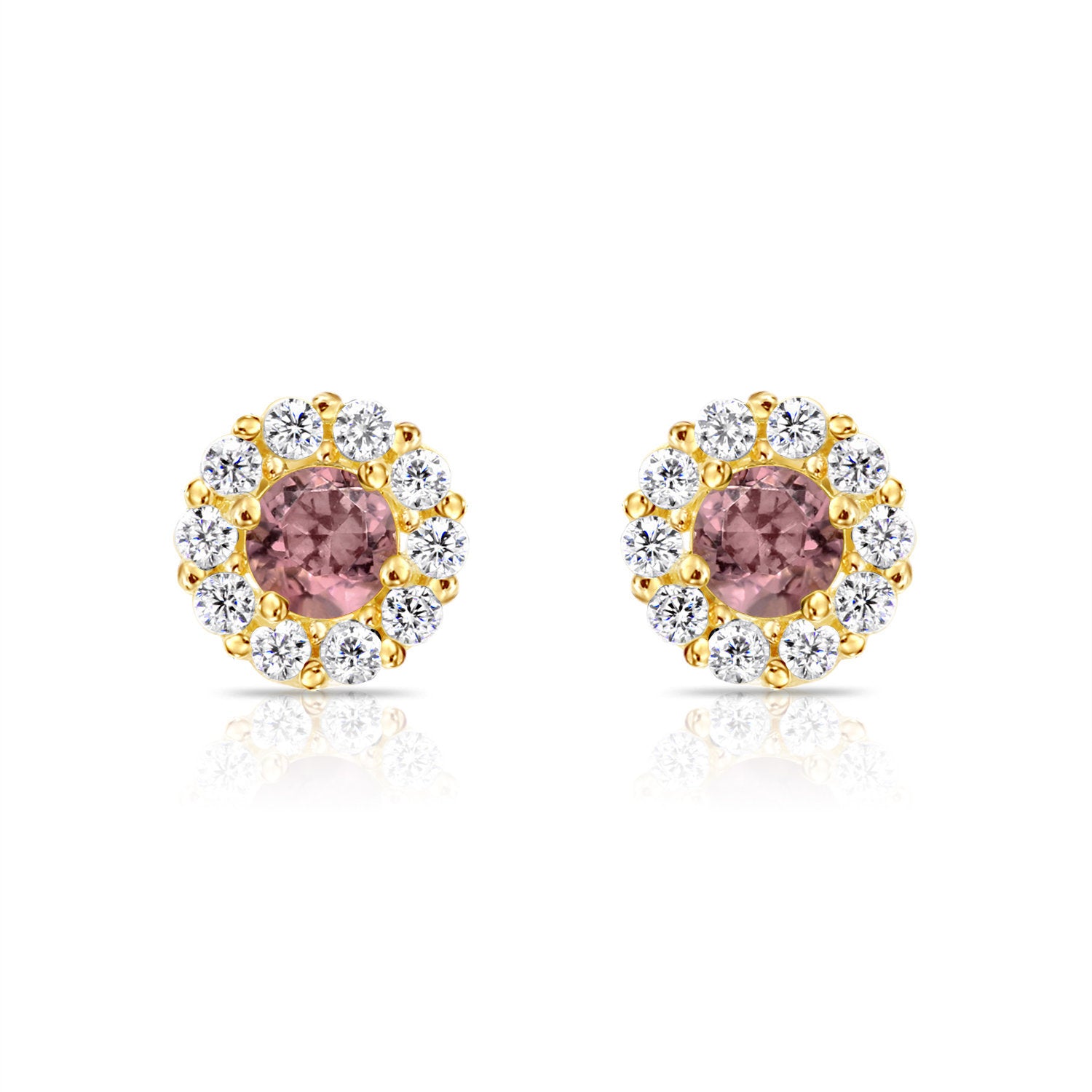14k Yellow Gold Birthstone Halo Stud Earrings, With Secure Screw-On Backs, Available in 12 Colors