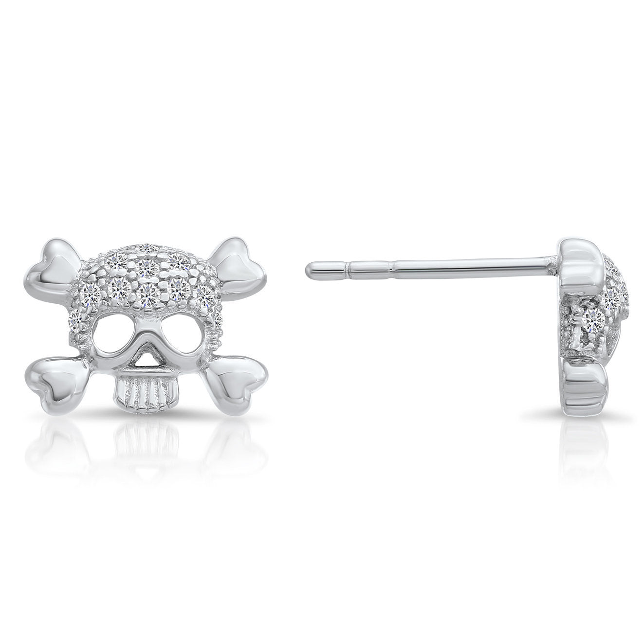 CZ Small Skull and Bones Stud Earrings in Sterling Silver
