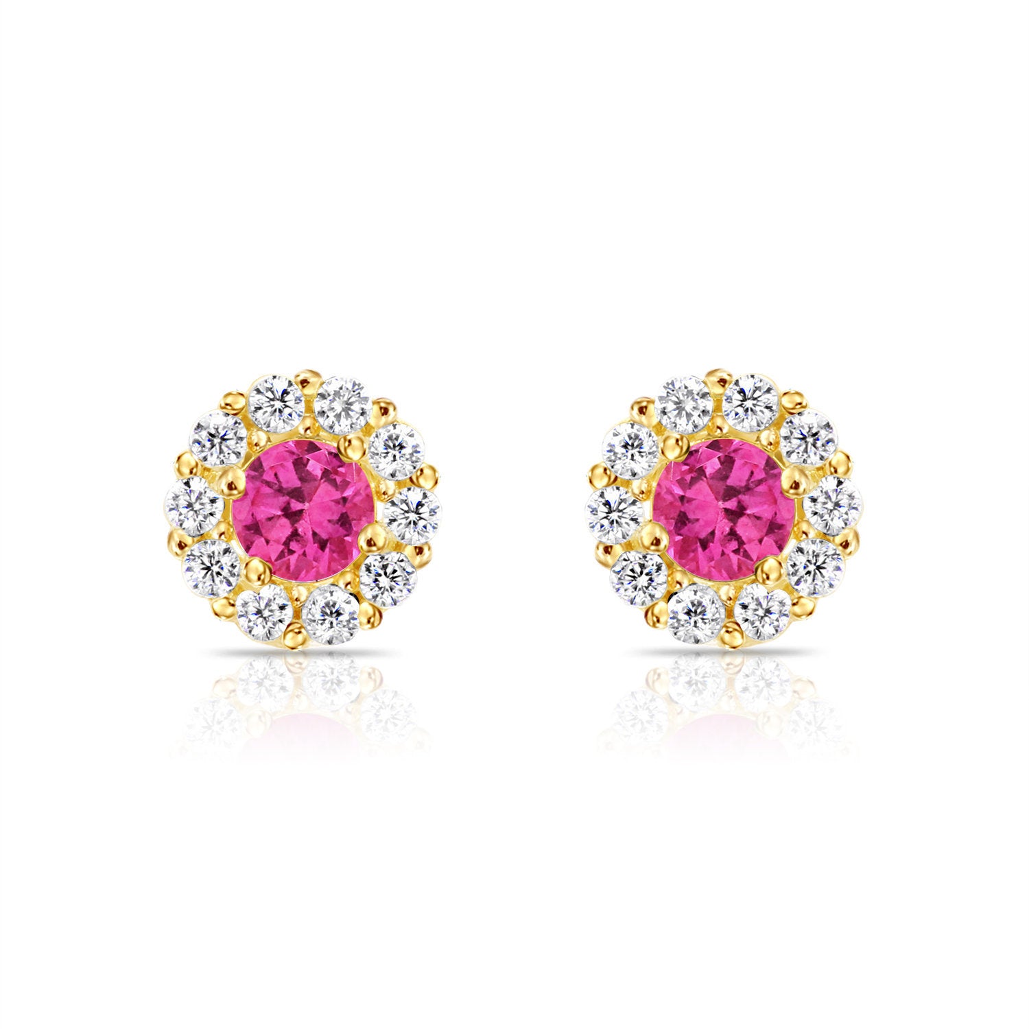14k Yellow Gold Birthstone Halo Stud Earrings, With Secure Screw-On Backs, Available in 12 Colors