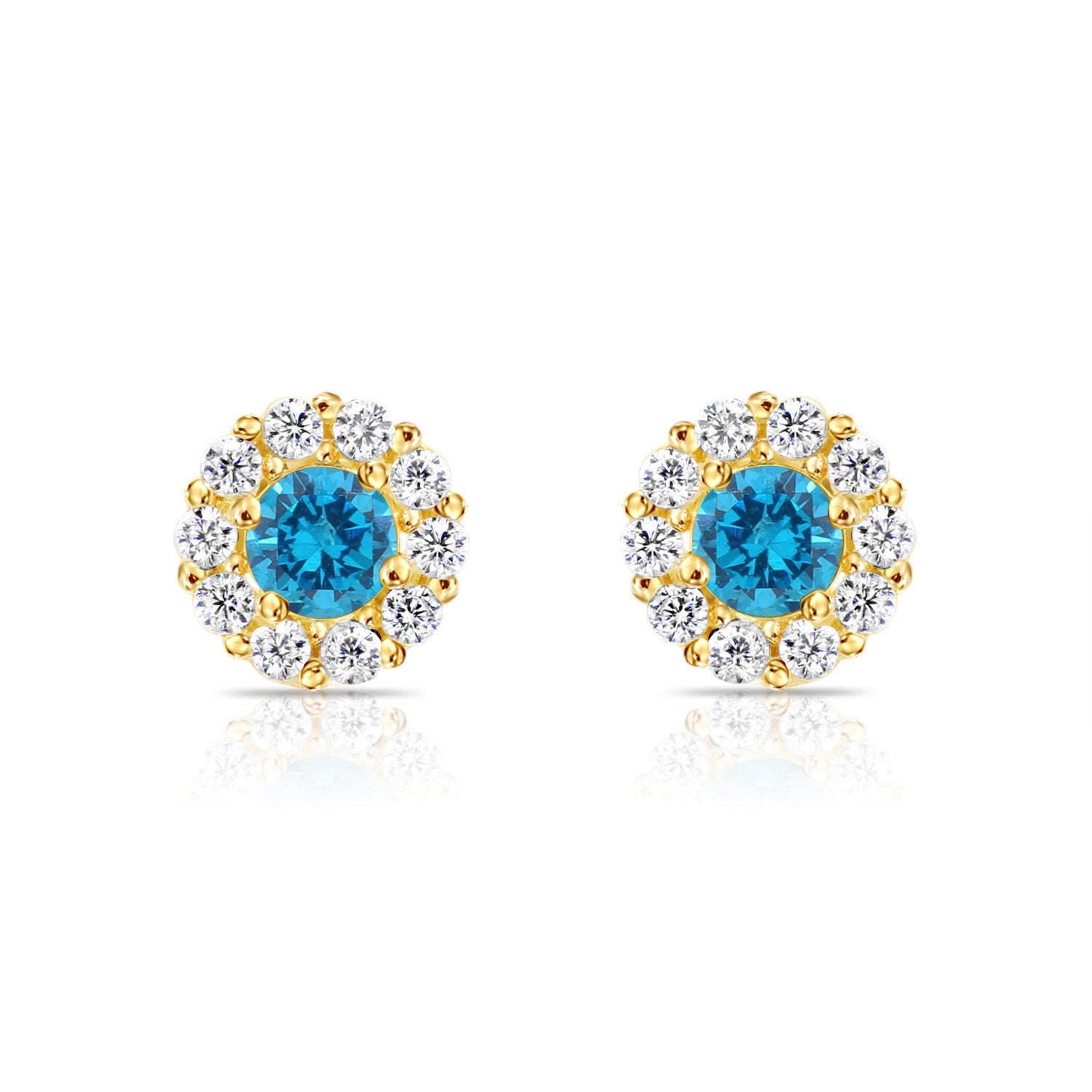14k Yellow Gold Birthstone Halo Stud Earrings, With Secure Screw-On Backs, Available in 12 Colors