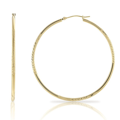 14k Gold Large Hoop Earrings with Floral Diamond Cuts, 2 inch