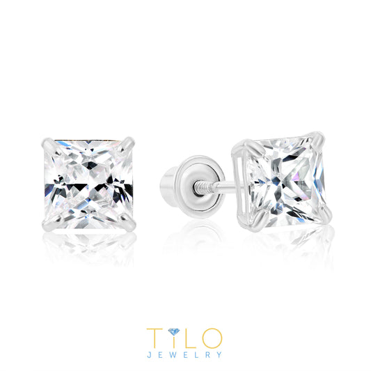 14k White Gold Square Cz Stud Earrings, Screwback