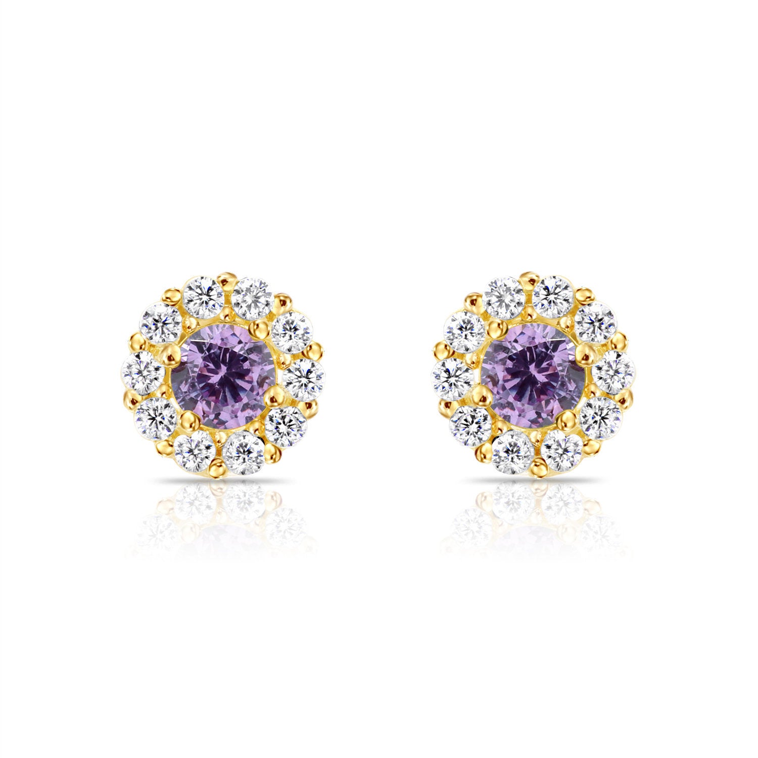 14k Yellow Gold Birthstone Halo Stud Earrings, With Secure Screw-On Backs, Available in 12 Colors