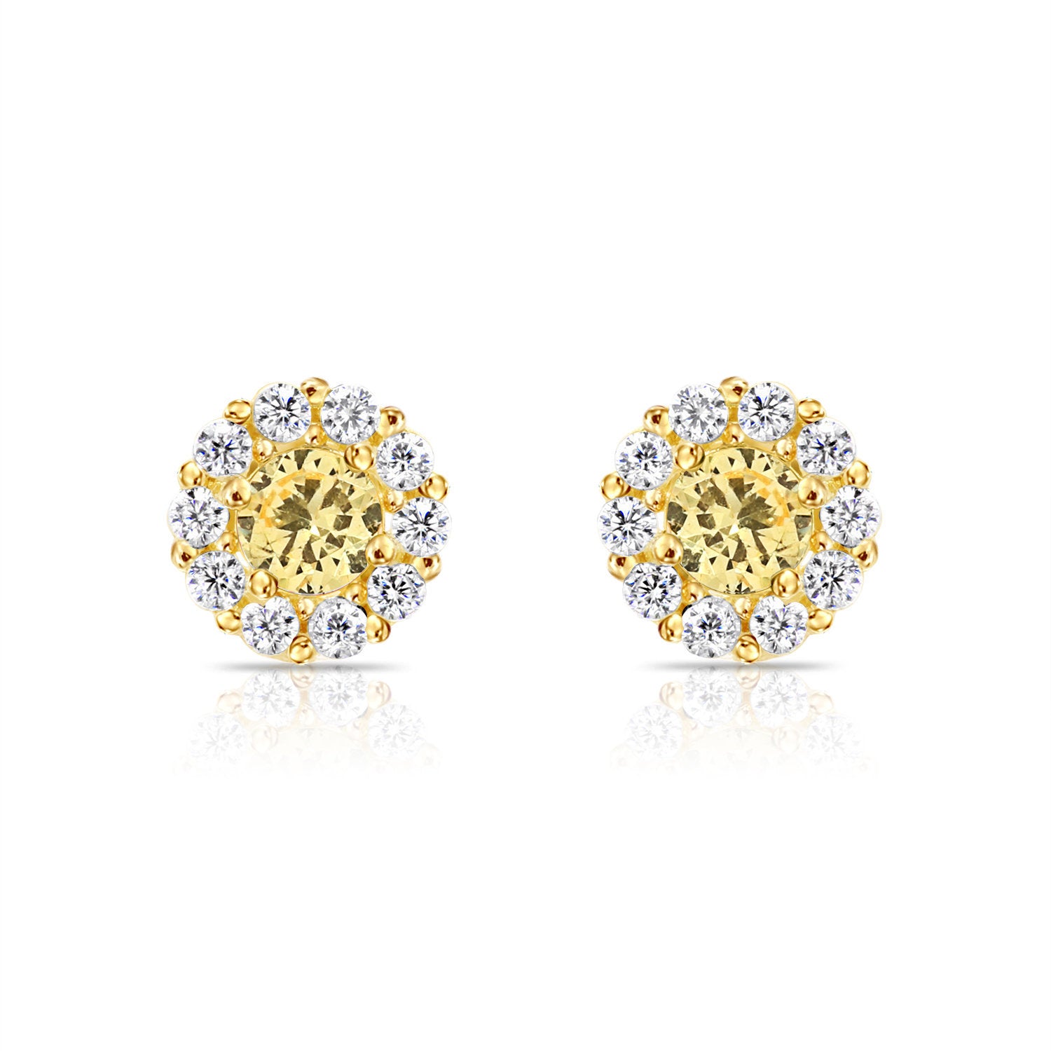 14k Yellow Gold Birthstone Halo Stud Earrings, With Secure Screw-On Backs, Available in 12 Colors