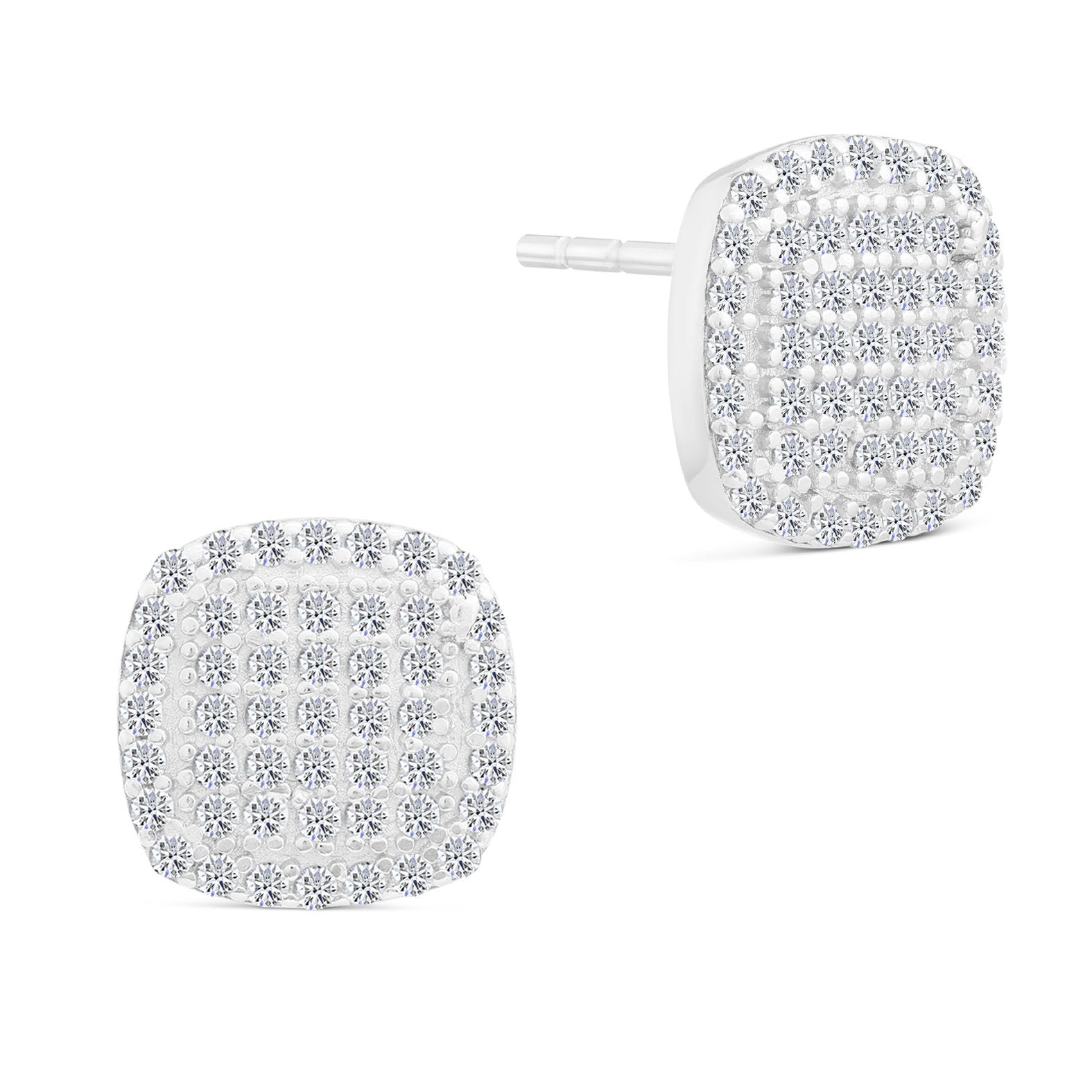 CZ Square Stud Earrings, Pave, Unisex in Sterling Silver