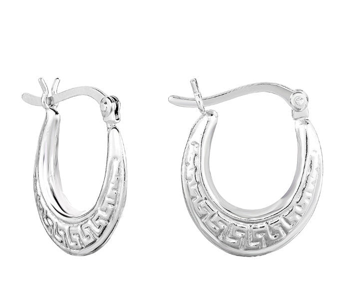 Greek Key Design Oval Hoops in Sterling Silver