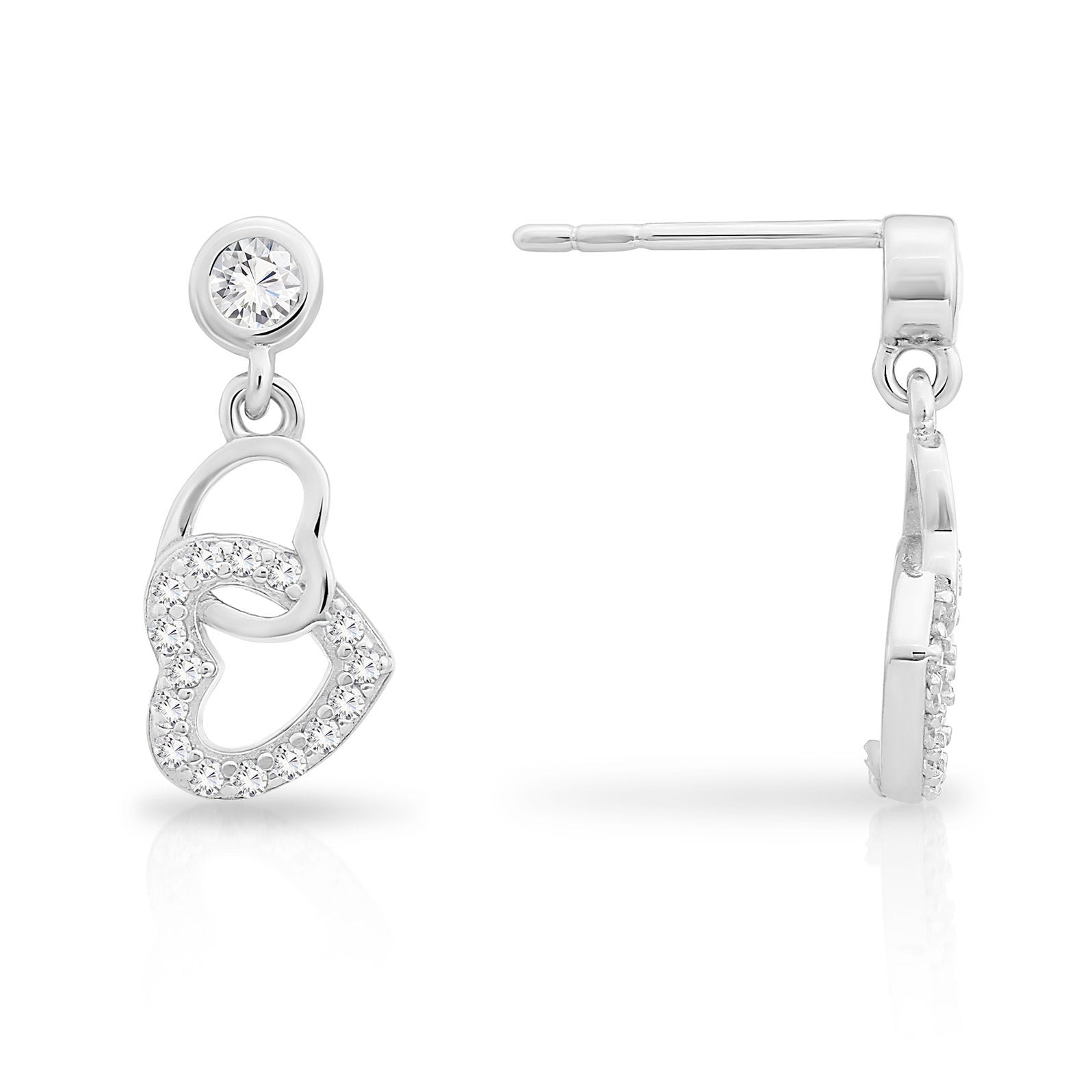 CZ Double Heart Dangle Stud Earrings in Sterling Silver