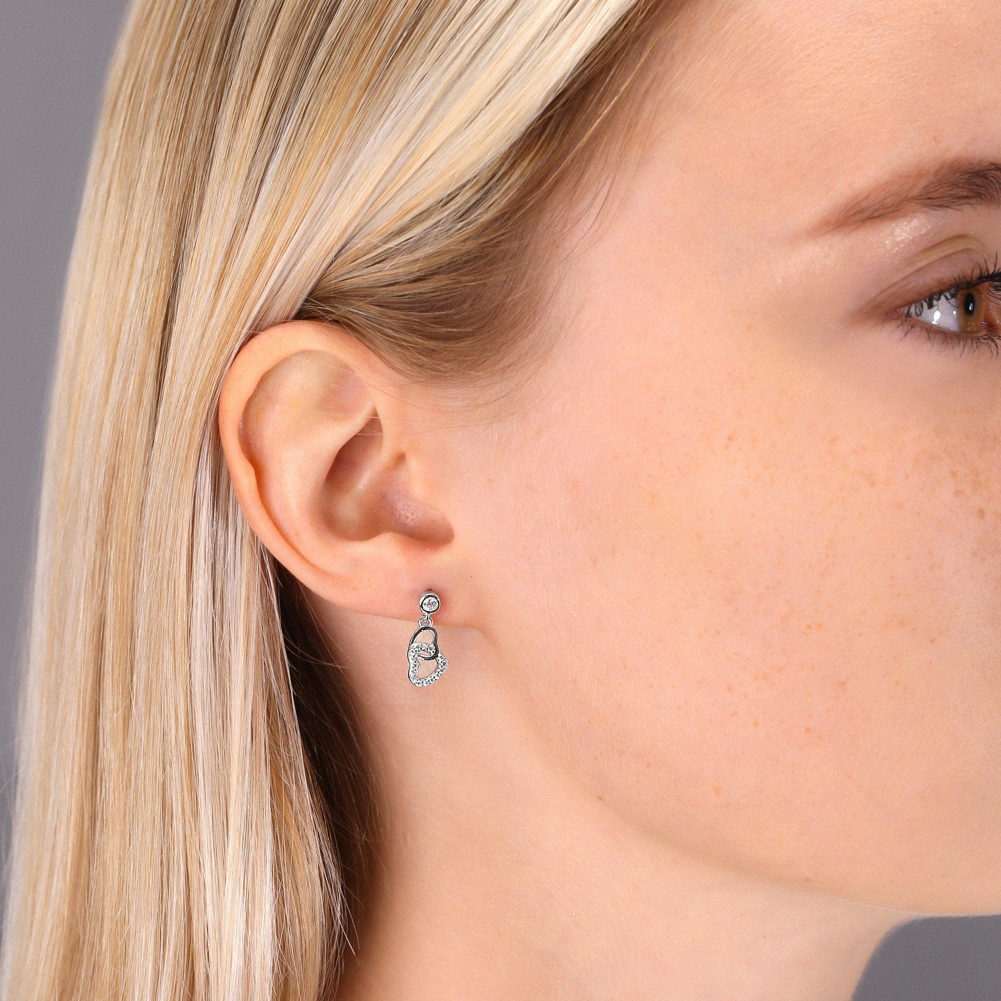 CZ Double Heart Dangle Stud Earrings in Sterling Silver