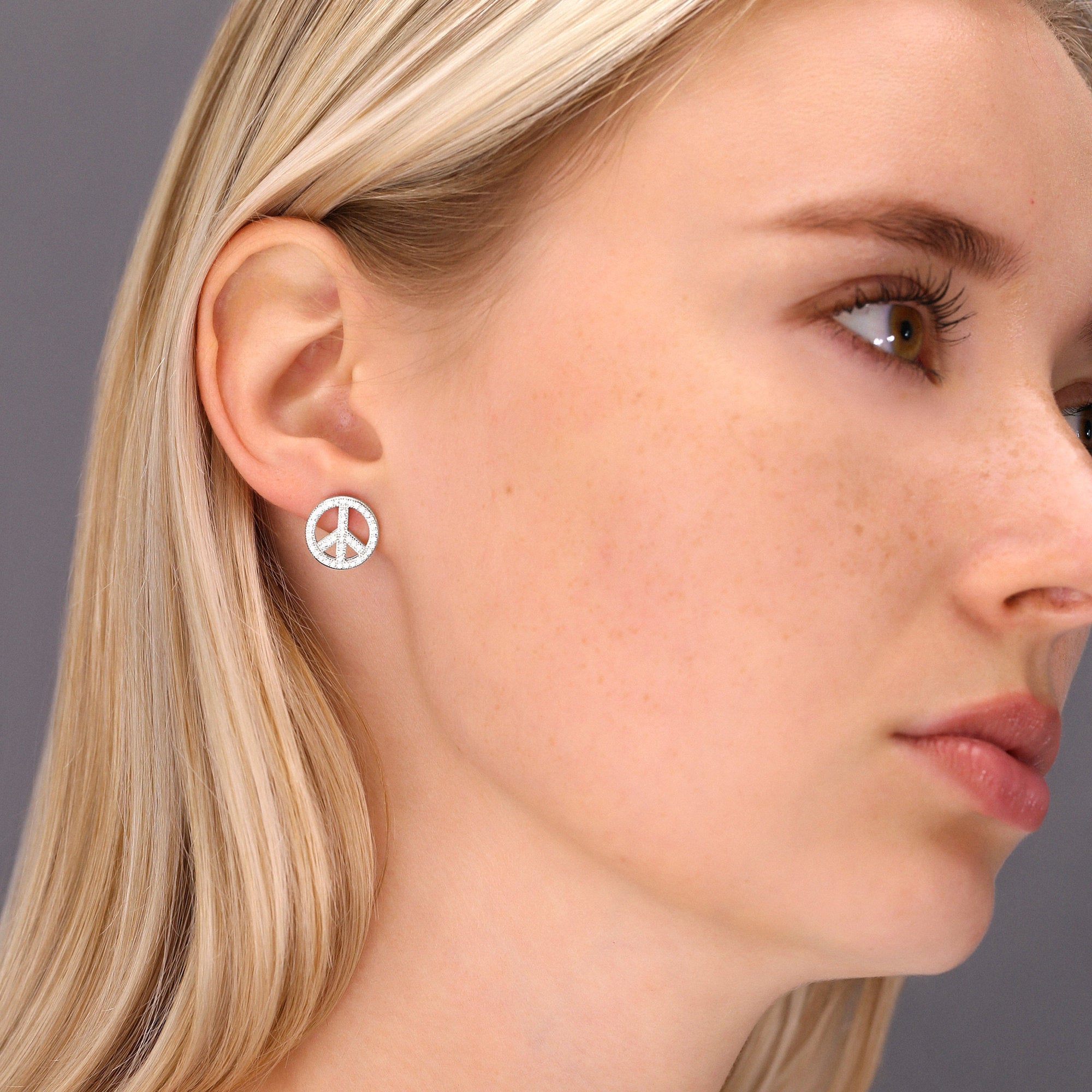 CZ Small Open Peace Sign Stud Earrings in Sterling Silver