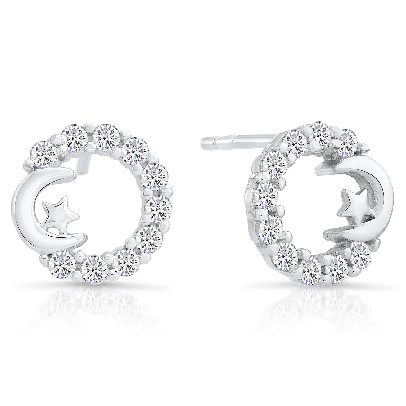 CZ Open Circle Star And Crescent Moon Stud Earrings in Sterling Silver