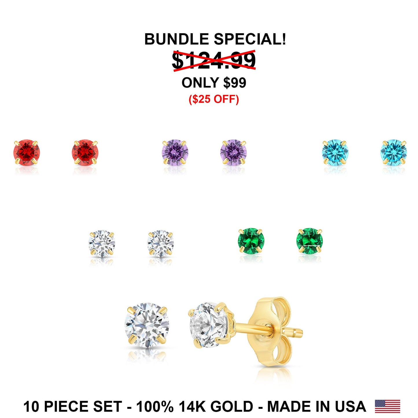 5 Color Set! 14k Solid Yellow Gold Birthstone CZ Stud Earrings, 3mm