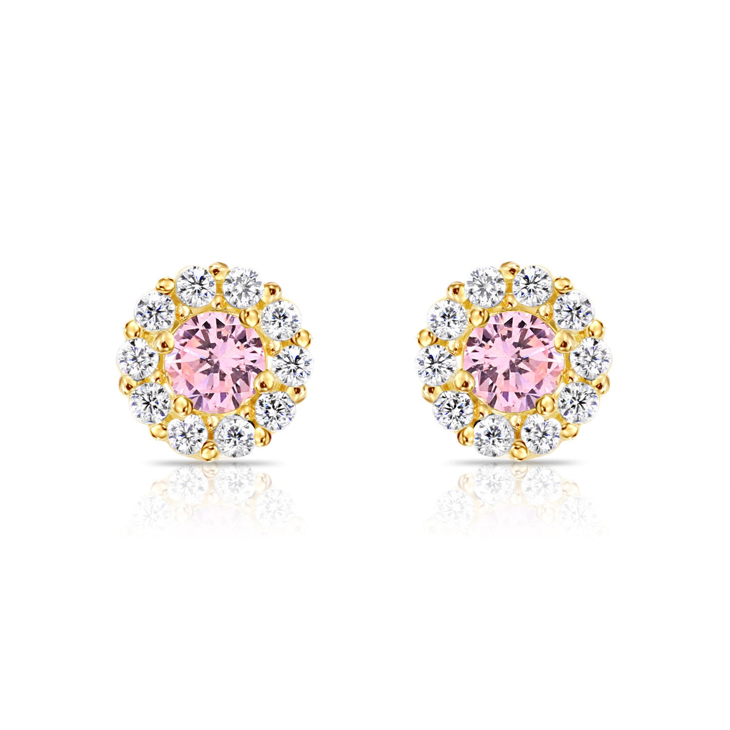14k Yellow Gold Birthstone Halo Stud Earrings, With Secure Screw-On Backs, Available in 12 Colors