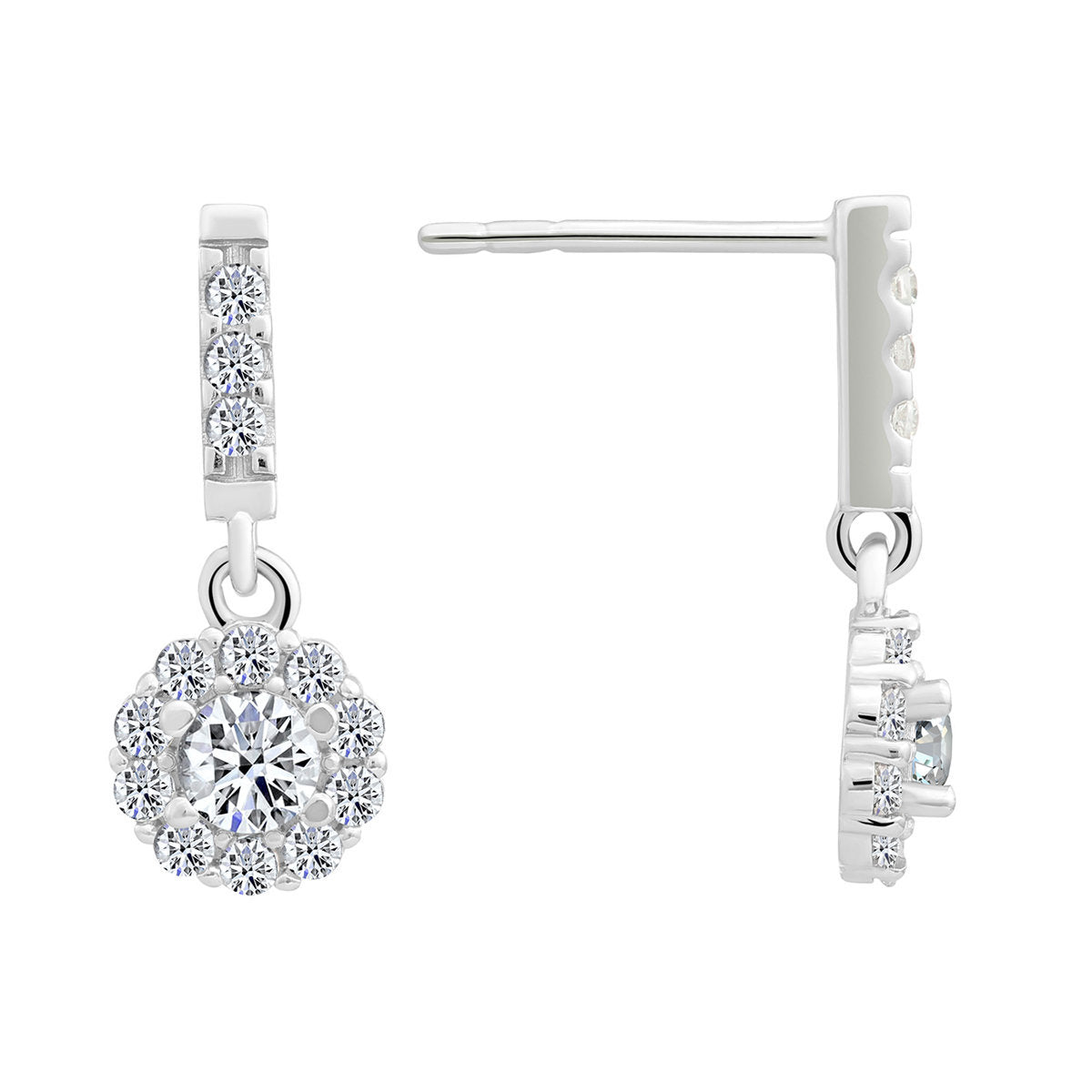 CZ Dangle Flower Earrings in Sterling Silver
