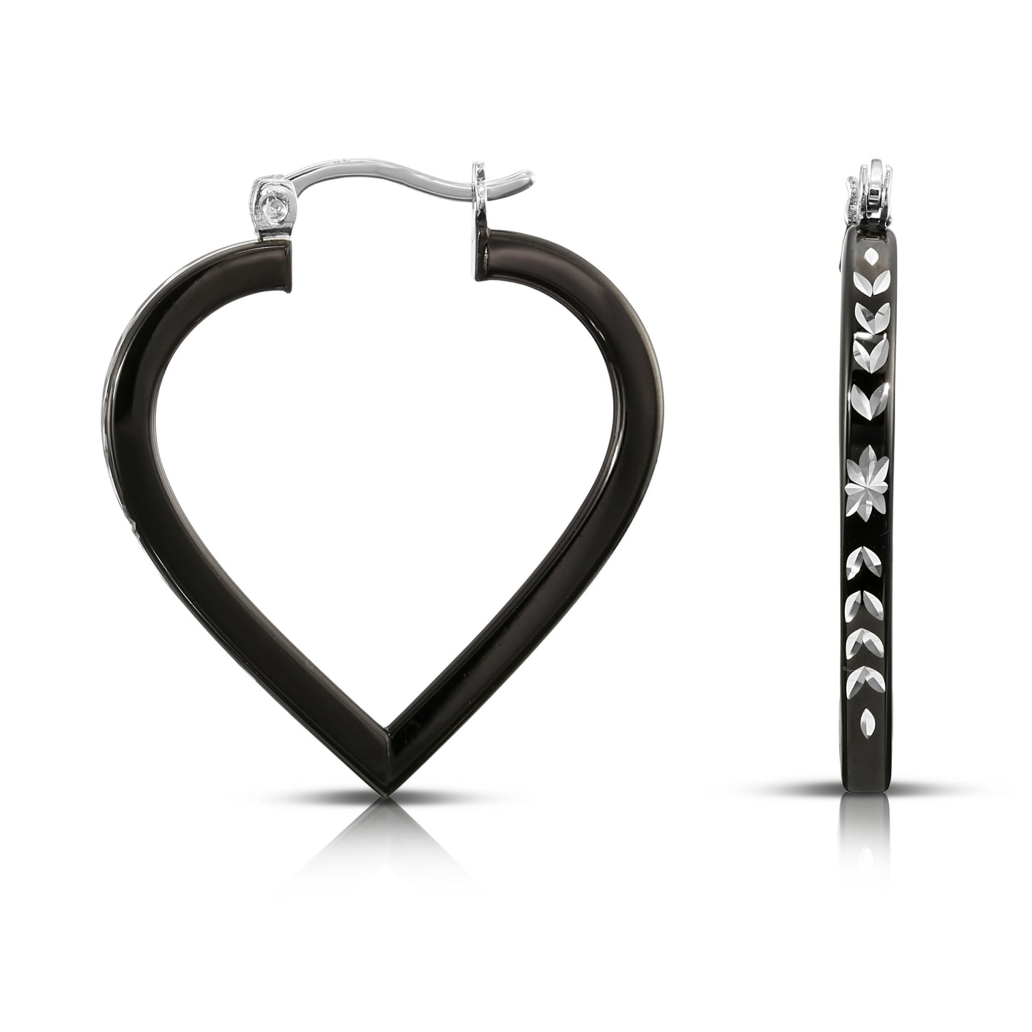 Fancy Glossy Black Sterling Silver Heart Hoop Earrings with Hand Engraved Floral Diamond-cut