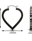 Fancy Glossy Black Heart Hoop Earrings with Hand Engraved Floral Diamond-cut in Sterling Silver